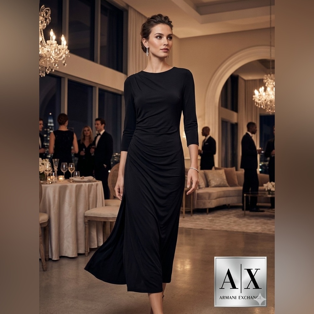 Armani Exchange Black Long-Sleeve Draped Midi Dress